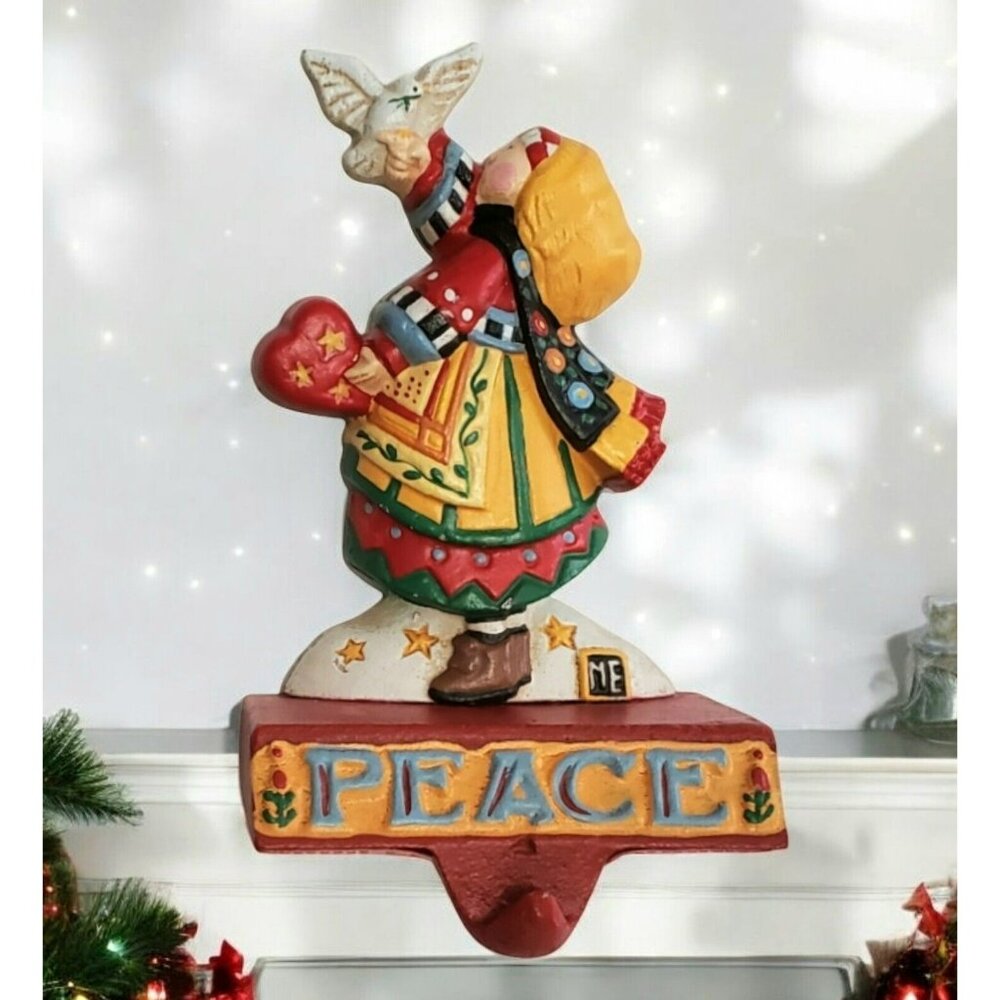 VTG Mary Engelbreit Cast Iron Stocking Hanger Christmas PEACE Girl Dove Holder - Picture 1 of 14